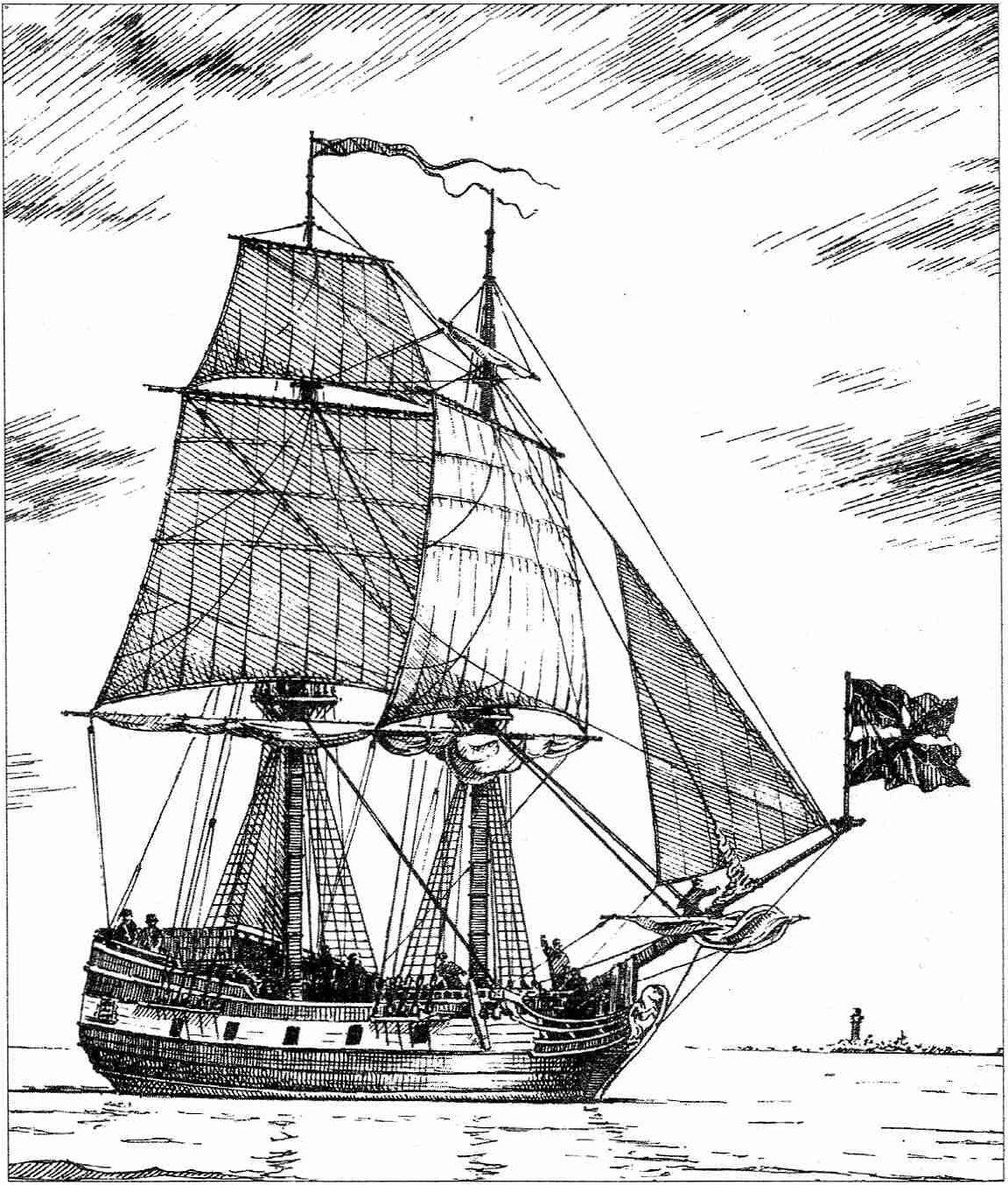 Пакетбот «Почтальон». Художник А.В. Карелов. Построенный в 1765—1766 гг. И.И. Афанасьевым, он имел близкие к «новоизобретенным» кораблям 4-го рода (т.е. к «Яссам» и «Бухаресту») размеры и практически идентичное парусное вооружение. Но еще более удивительным является то, что в 1775—1783 гг. он сам служил в составе Азовской флотилии, но уже в качестве фрегата! Пакетбот «Почтальон». Художник А.В. Карелов. Построенный в 1765—1766 гг. И.И. Афанасьевым, он имел близкие к «новоизобретенным» кораблям 4-го рода (т.е. к «Яссам» и «Бухаресту») размеры и практически идентичное парусное вооружение. Но еще более удивительным является то, что в 1775—1783 гг. он сам служил в составе Азовской флотилии, но уже в качестве фрегата!