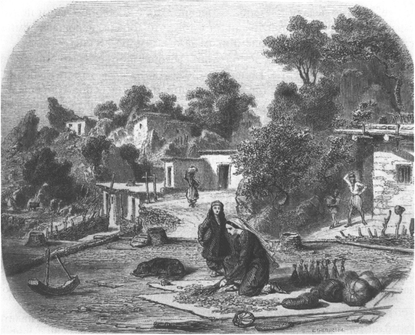Плоская крыша. Слева — басмах, инструмент для её прокатывания. Гравюра Шарля Жирара из коллекции музея Ларишес Плоская крыша. Слева — басмах, инструмент для её прокатывания. Гравюра Шарля Жирара из коллекции музея Ларишес