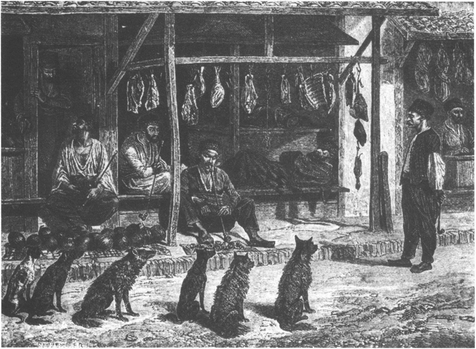 У мясной лавки. Гравюра О. Раффе. Из коллекции музея Ларишес У мясной лавки. Гравюра О. Раффе. Из коллекции музея Ларишес