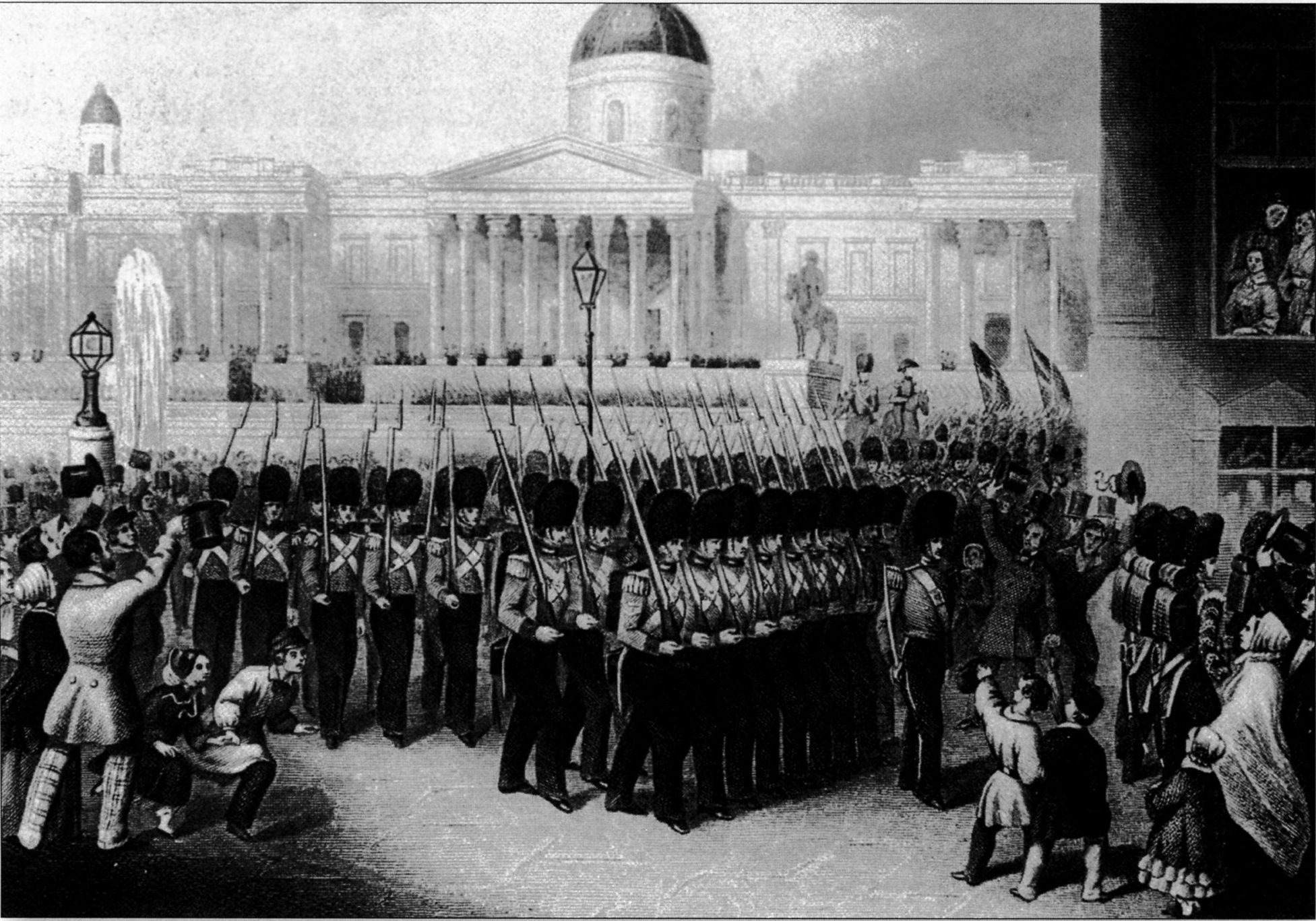 Выступление на войну 3-го батальона гвардейского Гренадерского полка. На современной событиям гравюре гвардейские гренадеры проходят маршем по Трафальгарской площади 22 февраля 1854 г. по пути к вокзалу Ватерлоо. Сцена вполне типичная для подобных церемоний — мужчины демонстрируют радостное оживление, дети бегут за стройными колоннами солдат, а женщины мечтательно задумчивы. На заднем плане видны знамена и передвигающиеся верхом офицеры. (Дэвид Пол) Выступление на войну 3-го батальона гвардейского Гренадерского полка. На современной событиям гравюре гвардейские гренадеры проходят маршем по Трафальгарской площади 22 февраля 1854 г. по пути к вокзалу Ватерлоо. Сцена вполне типичная для подобных церемоний — мужчины демонстрируют радостное оживление, дети бегут за стройными колоннами солдат, а женщины мечтательно задумчивы. На заднем плане видны знамена и передвигающиеся верхом офицеры. (Дэвид Пол)