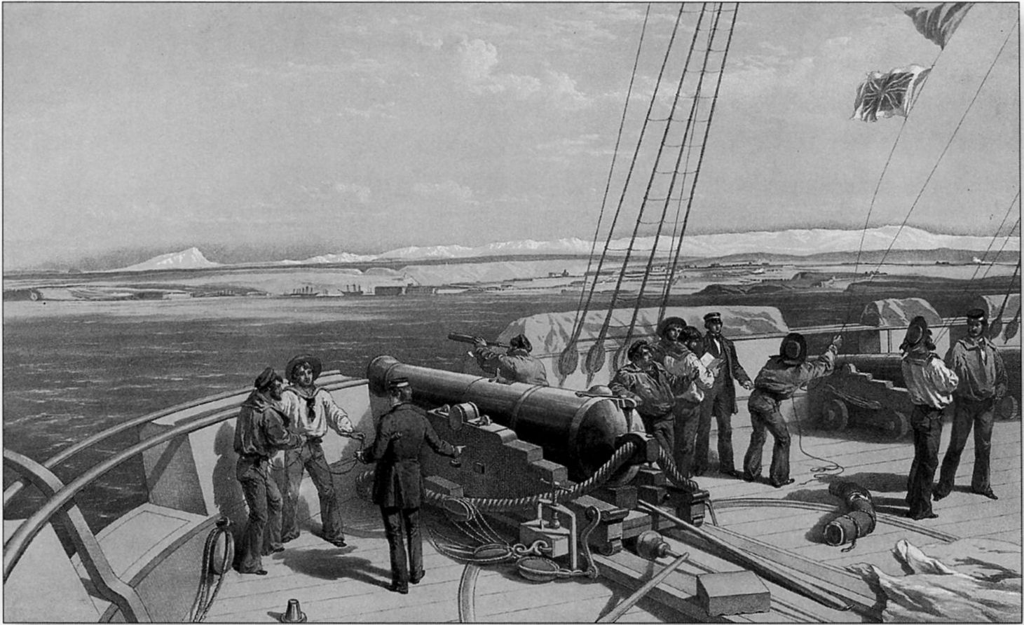 Севастополь — вид с моря. На палубе британского боевого корабля стоит 87-цент. орудие на тумбовом лафете, способное стрелять 8-дюйм. сплошным выстрелом, или, иначе говоря, ядром. На дальнем плане батареи Севастополя, жерла пушек которых охраняют вход в гавань по обеим сторонам от него. (Сандхерст) Севастополь — вид с моря. На палубе британского боевого корабля стоит 87-цент. орудие на тумбовом лафете, способное стрелять 8-дюйм. сплошным выстрелом, или, иначе говоря, ядром. На дальнем плане батареи Севастополя, жерла пушек которых охраняют вход в гавань по обеим сторонам от него. (Сандхерст)