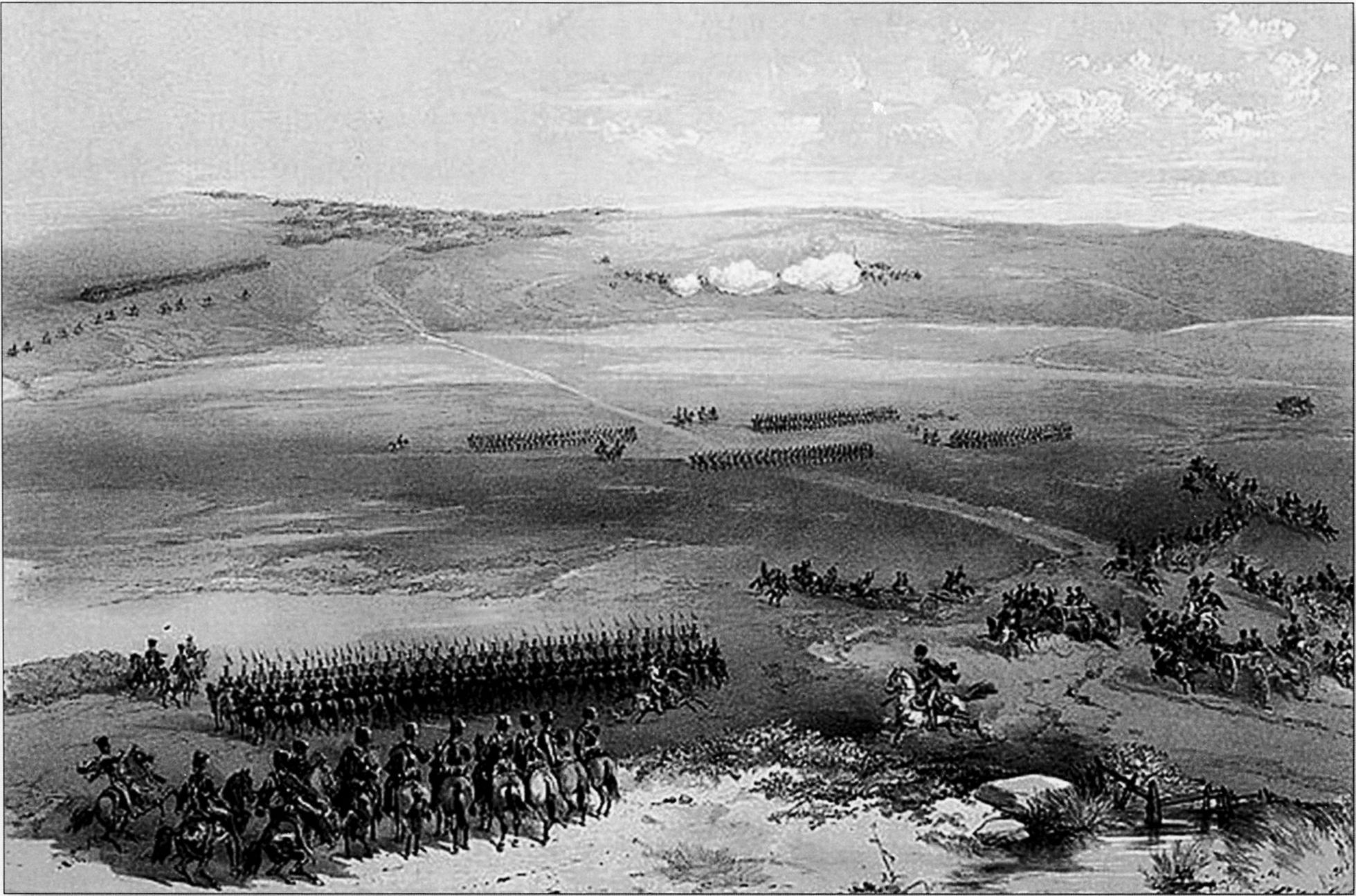 Река Булганак. Во второй половине дня 19 сентября 1854 г. британская Легкая бригада вышла к Булганаку. Эскадроны, уже готовые атаковать русских, были отозваны, поскольку неприятельская пехота затаилась в мертвой зоне за водной преградой, готовая встретить конницу. Скрытые местностью русские войска на дальнем плане. (Сандхерст) Река Булганак. Во второй половине дня 19 сентября 1854 г. британская Легкая бригада вышла к Булганаку. Эскадроны, уже готовые атаковать русских, были отозваны, поскольку неприятельская пехота затаилась в мертвой зоне за водной преградой, готовая встретить конницу. Скрытые местностью русские войска на дальнем плане. (Сандхерст)