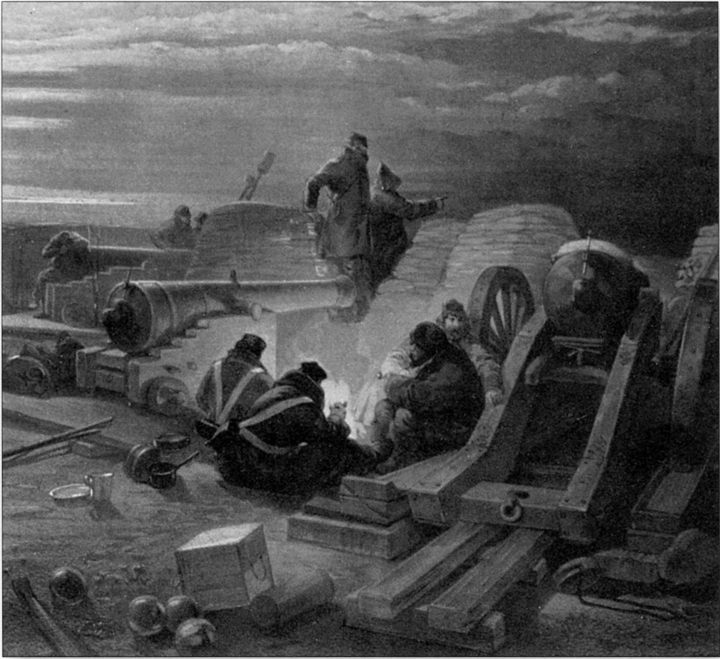 Ночь на батарее. Спокойная, но, как видно по всему, и довольно холодная. Караульные поплотнее закутались в шинели, свободные от вахты артиллеристы скорчились у костра, люди на дальнем плане тоже явно стремятся как-то согреться и жмутся друг к другу. (Сандхерст) Ночь на батарее. Спокойная, но, как видно по всему, и довольно холодная. Караульные поплотнее закутались в шинели, свободные от вахты артиллеристы скорчились у костра, люди на дальнем плане тоже явно стремятся как-то согреться и жмутся друг к другу. (Сандхерст)