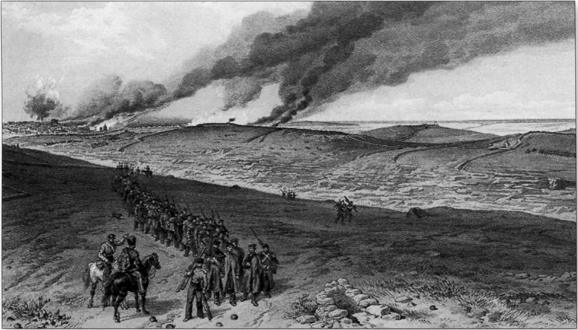 Русская оборона. Траншеи — британские, с правого фланга, из них действуют солдаты в ходе наступления на Севастополь. На представленной вниманию читателя иллюстрации видны несколько оборонительных сооружений Тотлебена, доставлявшие союзникам постоянные неприятности и служившие источником заметного урона. В центре под флагом находится Редан, холм правее от него — Малахов курган, а на самом краю справа приземистый объект без знамени — Мамелон (Камчатский люнет). Войскам в британских окопах приходилось доставлять все необходимое для жизни и войны из Балаклавы — с расстояния свыше десяти километров. (Сандхерст) Русская оборона. Траншеи — британские, с правого фланга, из них действуют солдаты в ходе наступления на Севастополь. На представленной вниманию читателя иллюстрации видны несколько оборонительных сооружений Тотлебена, доставлявшие союзникам постоянные неприятности и служившие источником заметного урона. В центре под флагом находится Редан, холм правее от него — Малахов курган, а на самом краю справа приземистый объект без знамени — Мамелон (Камчатский люнет). Войскам в британских окопах приходилось доставлять все необходимое для жизни и войны из Балаклавы — с расстояния свыше десяти километров. (Сандхерст)