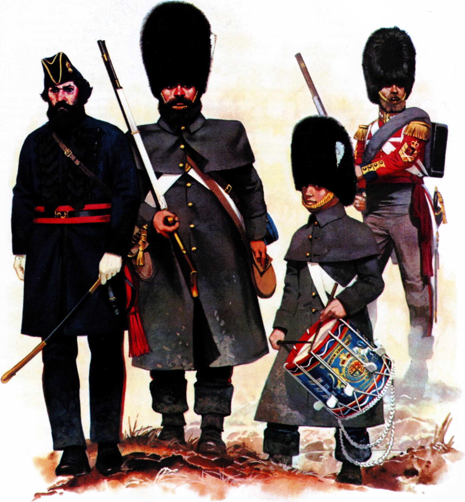 Офицер, рядовой, барабанщик и сержант-знаменщик гвардейских гренадеров. 3-й батальон гвардейского Гренадерского полка входил в состав 1-й (Гвардейской) бригады 1-й дивизии генерал-лейтенанта герцога Кембриджского, которая вышла на Балаклавскую равнину с Сапун-горы уже после завершения атаки Легкой бригады Офицер, рядовой, барабанщик и сержант-знаменщик гвардейских гренадеров. 3-й батальон гвардейского Гренадерского полка входил в состав 1-й (Гвардейской) бригады 1-й дивизии генерал-лейтенанта герцога Кембриджского, которая вышла на Балаклавскую равнину с Сапун-горы уже после завершения атаки Легкой бригады