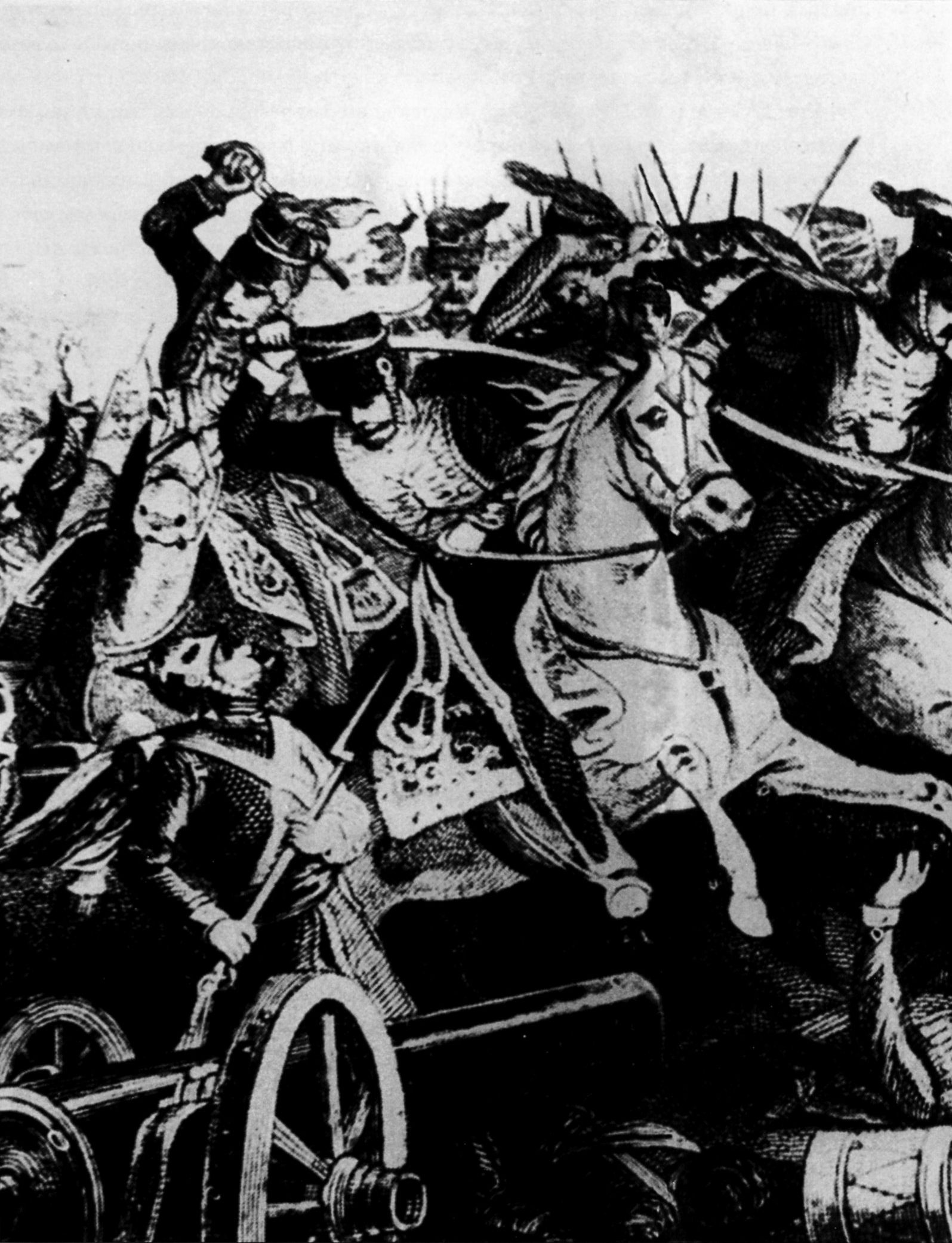 Атака Легкой бригады. Сцена боя на донской батарее. Обратите внимание на русских, вооруженных ружьями с примкнутыми штыками, и на солдата в толстой шинели в центре. (Уорнер) Атака Легкой бригады. Сцена боя на донской батарее. Обратите внимание на русских, вооруженных ружьями с примкнутыми штыками, и на солдата в толстой шинели в центре. (Уорнер)