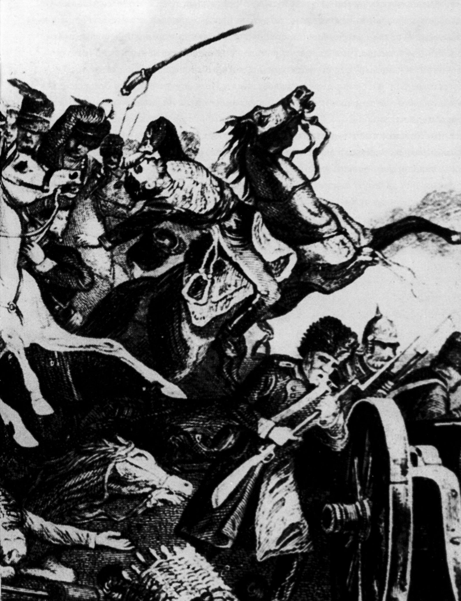 Атака Легкой бригады. Сцена боя на донской батарее. Обратите внимание на русских, вооруженных ружьями с примкнутыми штыками, и на солдата в толстой шинели в центре. (Уорнер) Атака Легкой бригады. Сцена боя на донской батарее. Обратите внимание на русских, вооруженных ружьями с примкнутыми штыками, и на солдата в толстой шинели в центре. (Уорнер)