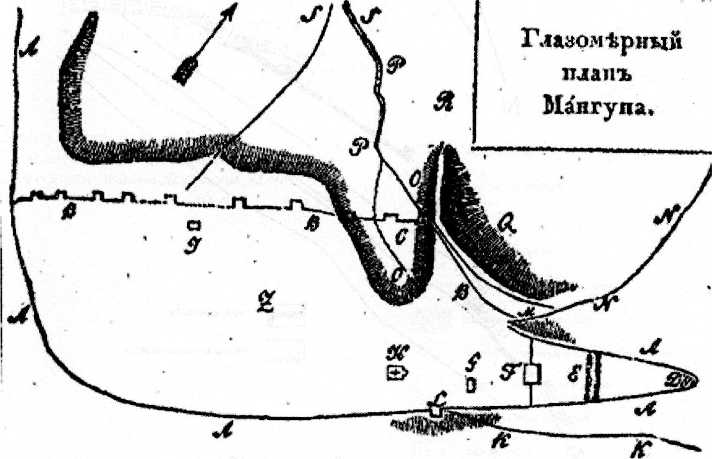 Схема Мангупа И.М. Муравьева-Апостола (1820 г.): L — развалины башни и ворот (укрепление A.XVII); К — «узкая тропинка» Схема Мангупа И.М. Муравьева-Апостола (1820 г.): L — развалины башни и ворот (укрепление A.XVII); К — «узкая тропинка»